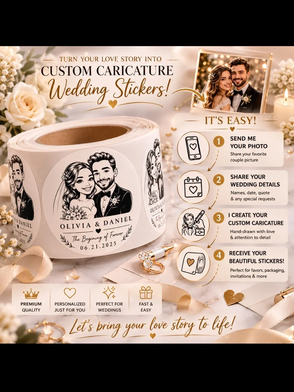 500 Custom Wedding Caricature Stickers Bride Groom Favor Labels
